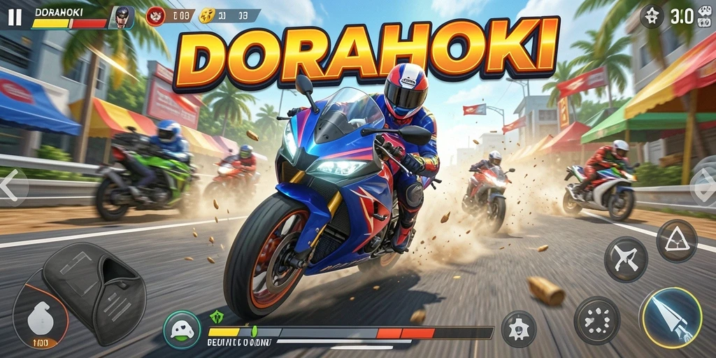 Gameplay balapan motor yang mendebarkan dan menantang di DORAHOKI.