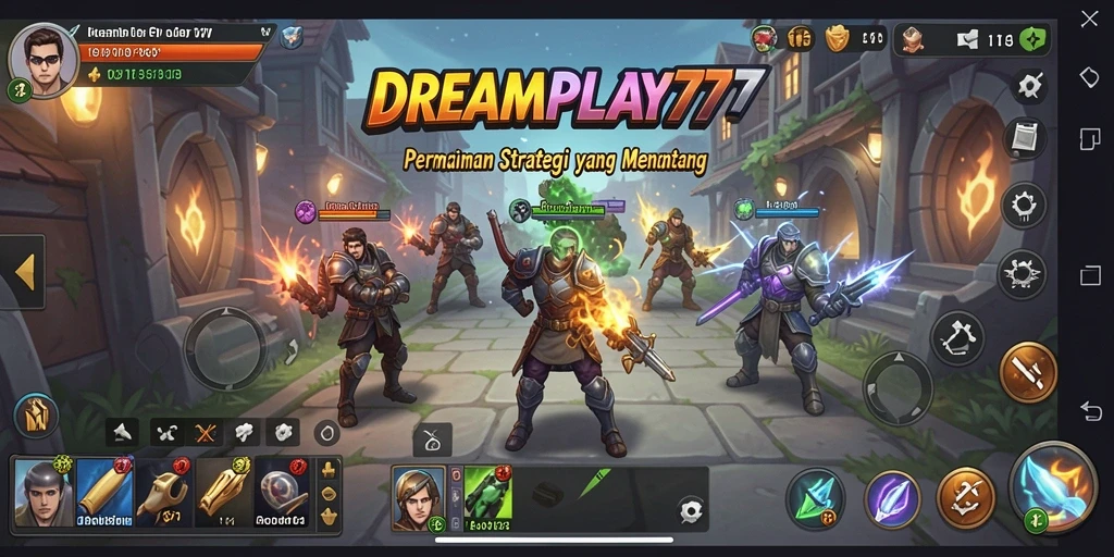 Screenshot utama DREAMPLAY77 menunjukkan aksi pertempuran strategi yang intens.