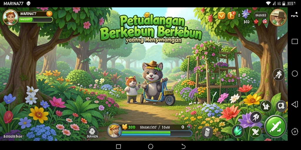 Tampilan screenshot gameplay MARINA77 yang menunjukkan kebun yang indah dan tanaman yang subur.