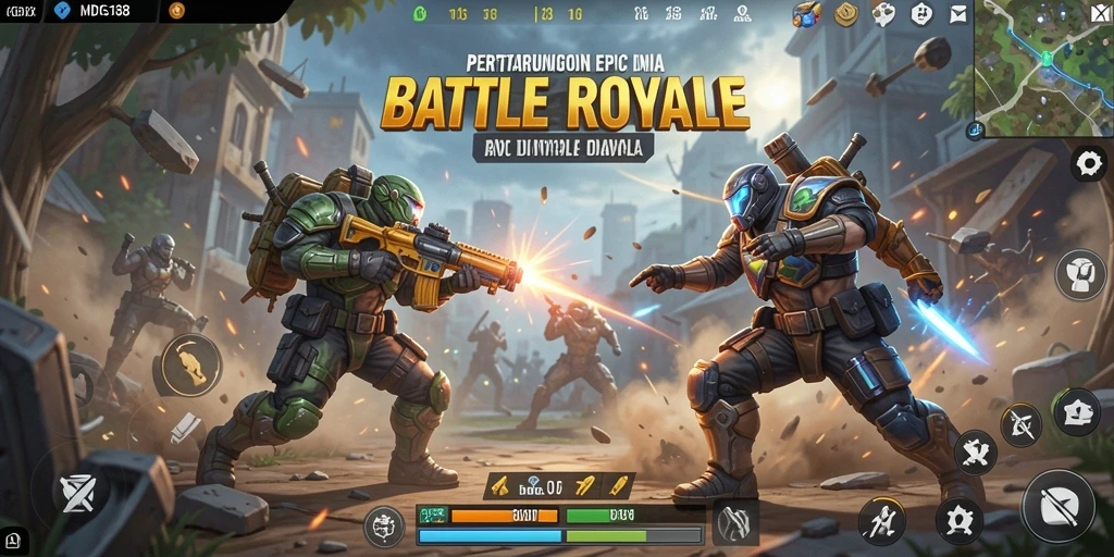 Screenshot MDG188 menunjukkan aksi pertempuran seru dalam game Battle Royale.