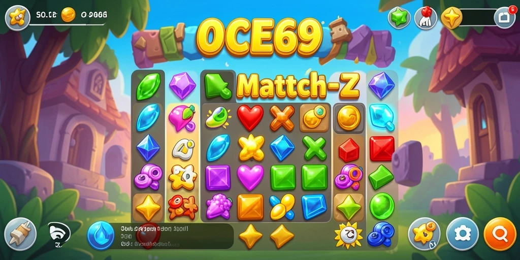 Screenshot OCE69 menampilkan gameplay Match-3 yang seru dan penuh warna.